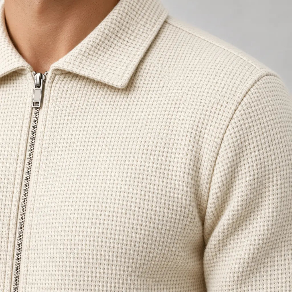 Men's Waffle Knit Lounge Set - Collared Full-Zip Top & Tapered Joggers - Beige