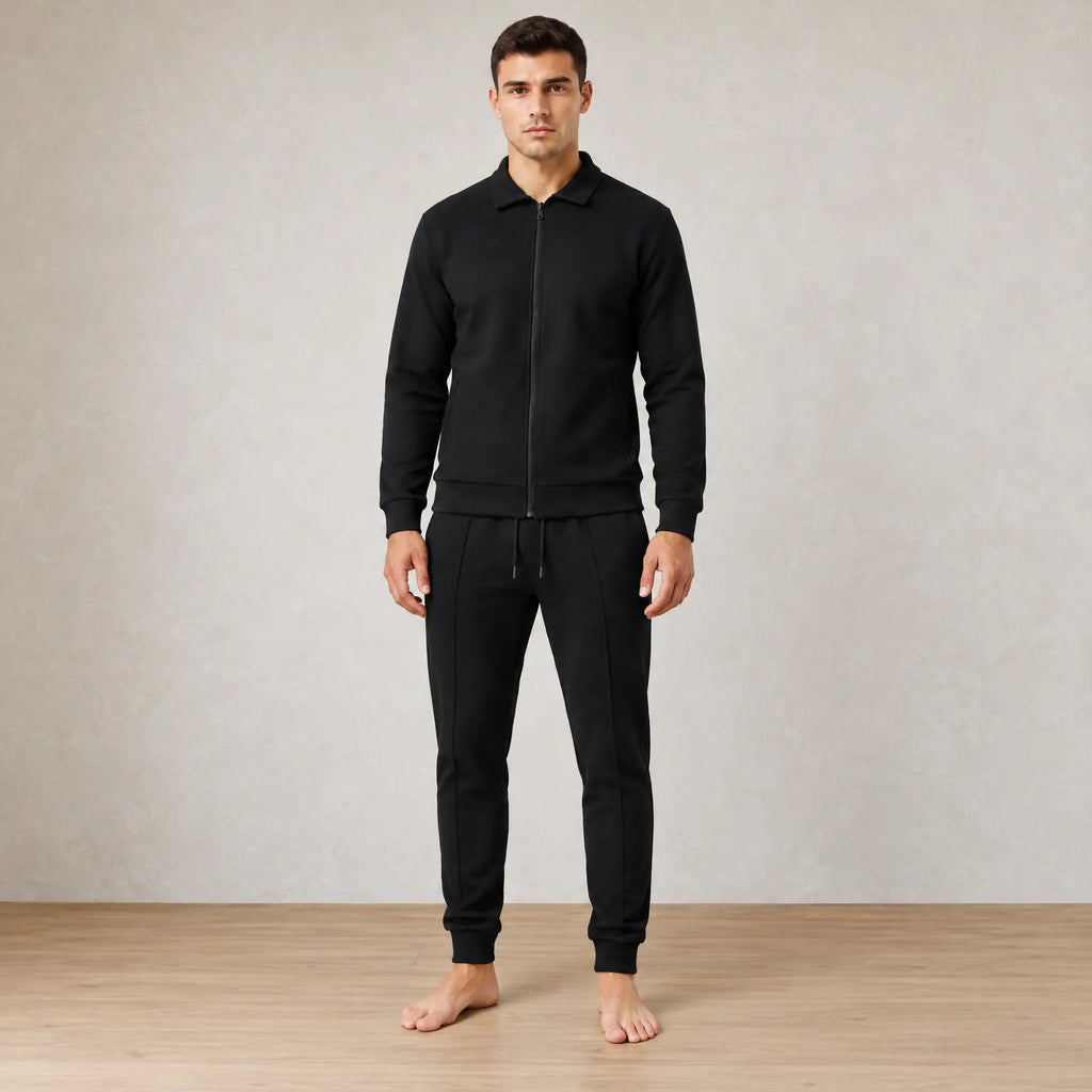Men's Waffle Knit Lounge Set - Collared Full-Zip Top & Tapered Joggers - Black