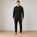 Men's Waffle Knit Lounge Set - Collared Full-Zip Top & Tapered Joggers - Black