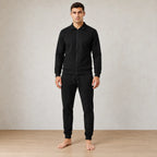 Men's Waffle Knit Lounge Set - Collared Full-Zip Top & Tapered Joggers - Black