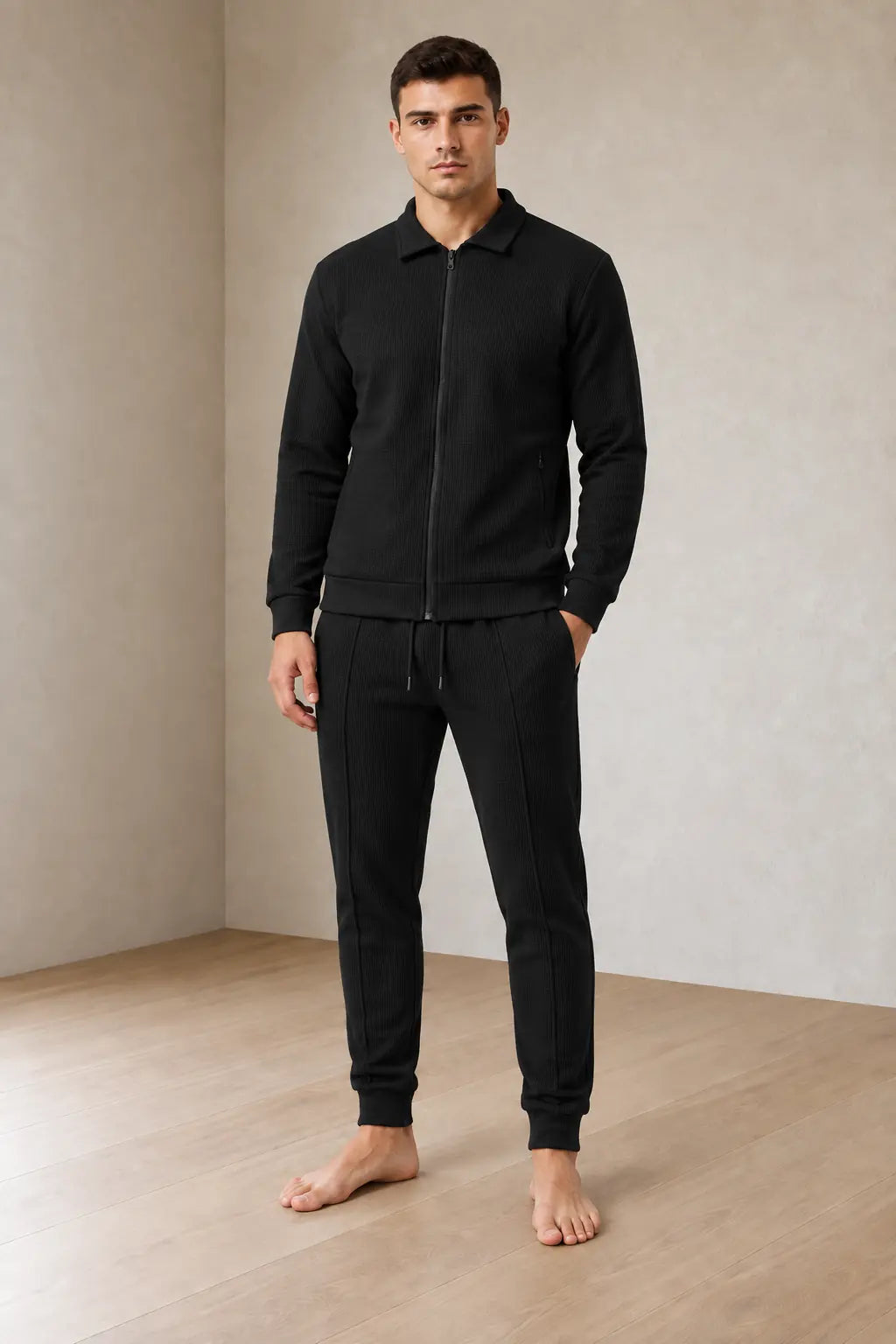 Men's Waffle Knit Lounge Set - Collared Full-Zip Top & Tapered Joggers - Black