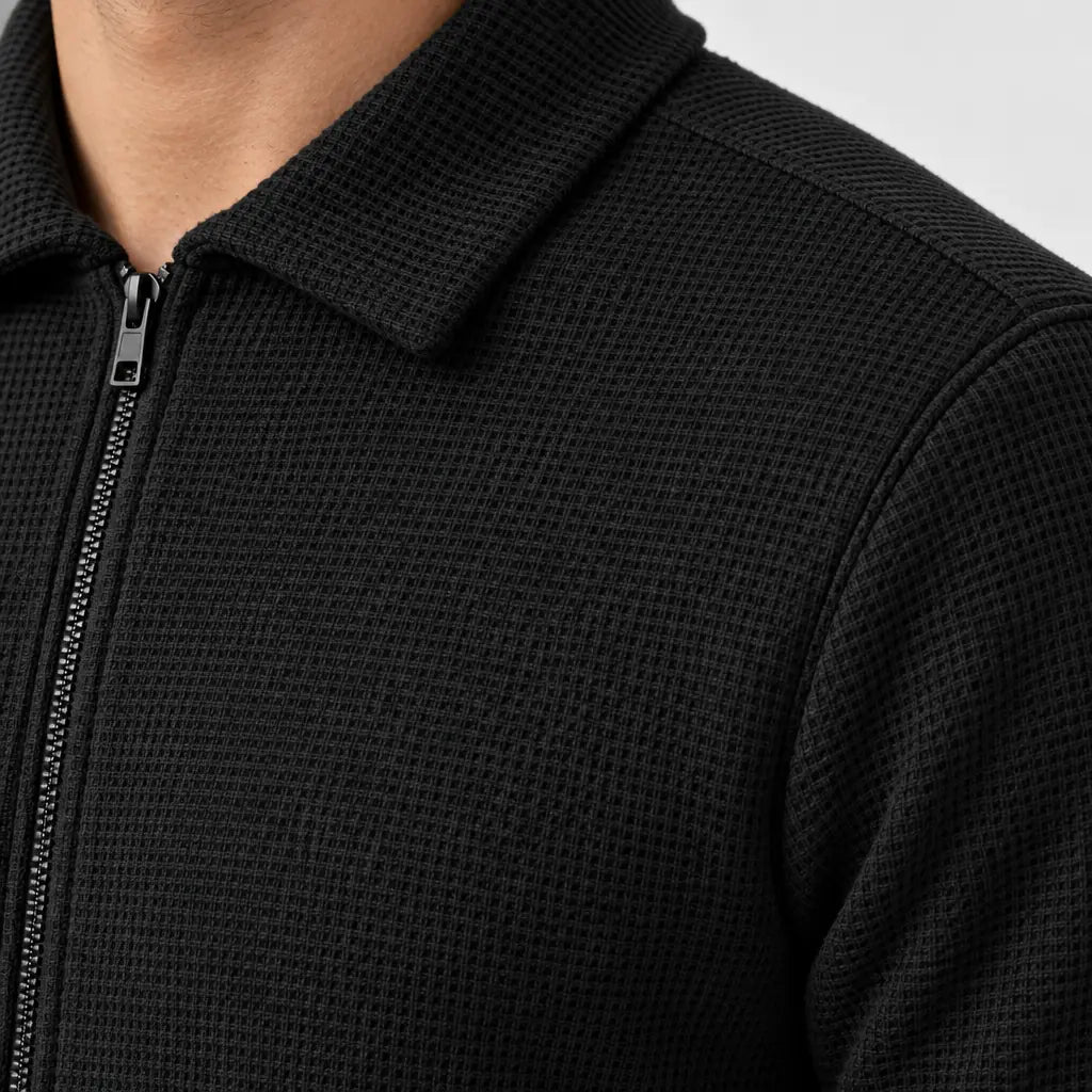 Men's Waffle Knit Lounge Set - Collared Full-Zip Top & Tapered Joggers - Black