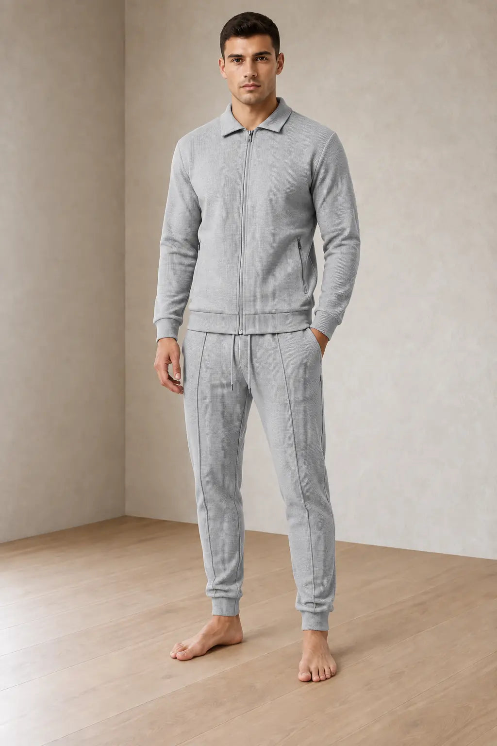Men's Waffle Knit Lounge Set - Collared Full-Zip Top & Tapered Joggers - Heather Gray