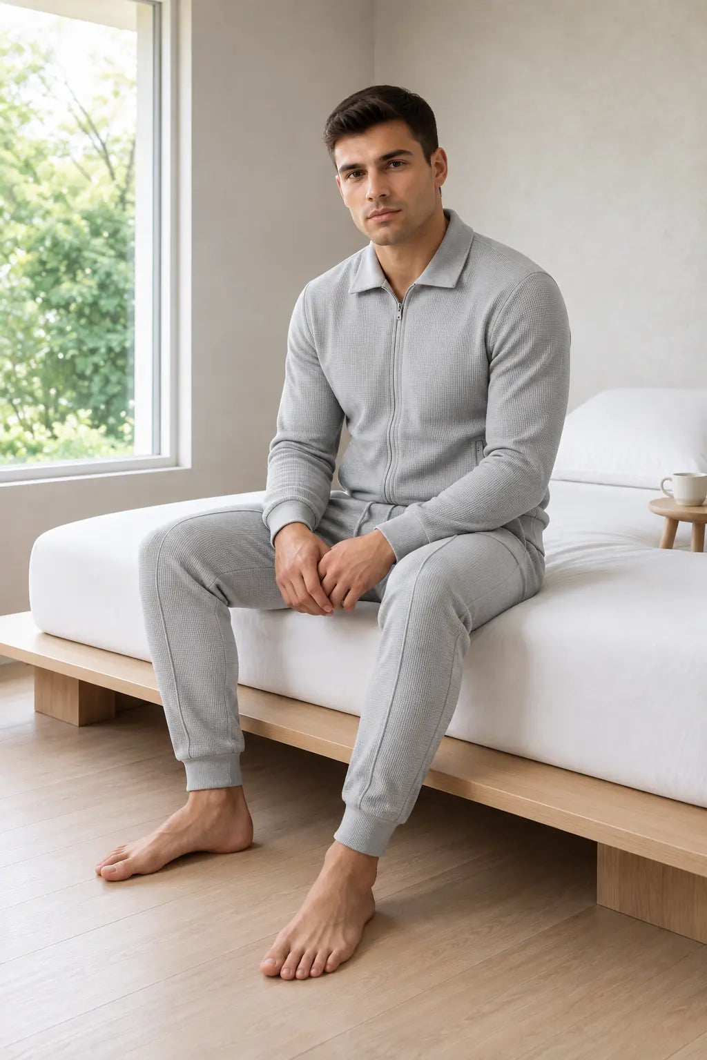 Men's Waffle Knit Lounge Set - Collared Full-Zip Top & Tapered Joggers - Heather Gray