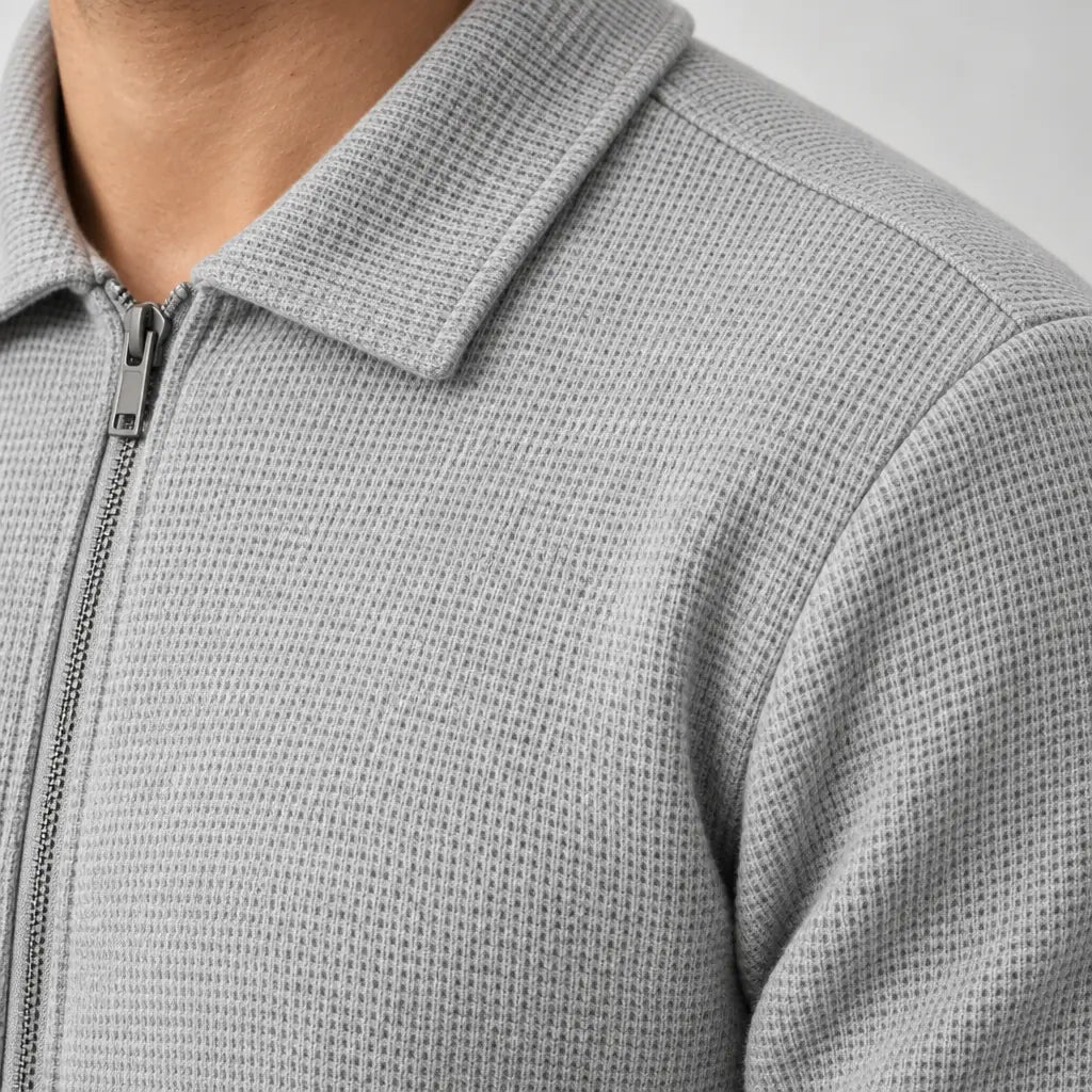 Men's Waffle Knit Lounge Set - Collared Full-Zip Top & Tapered Joggers - Heather Gray