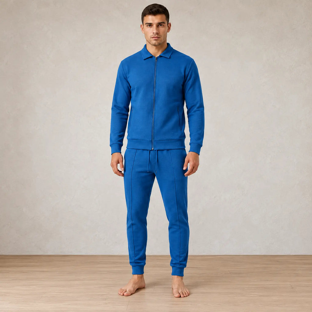 Men's Waffle Knit Lounge Set - Collared Full-Zip Top & Tapered Joggers - Sapphire Blue