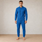 Men's Waffle Knit Lounge Set - Collared Full-Zip Top & Tapered Joggers - Sapphire Blue