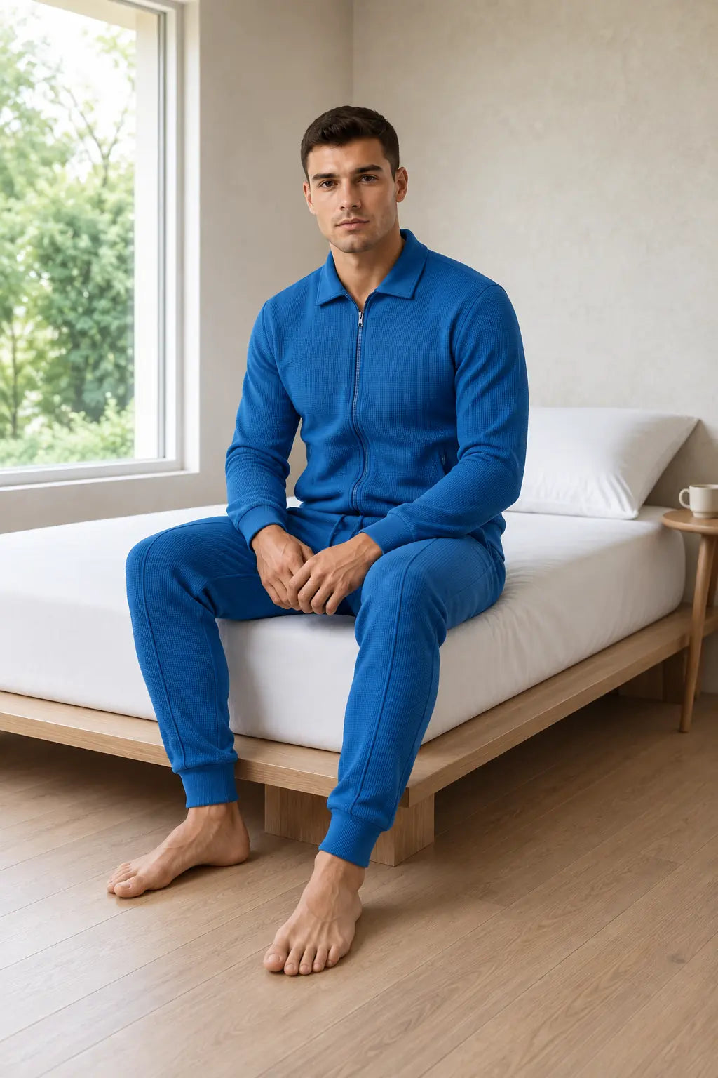 Men's Waffle Knit Lounge Set - Collared Full-Zip Top & Tapered Joggers - Sapphire Blue