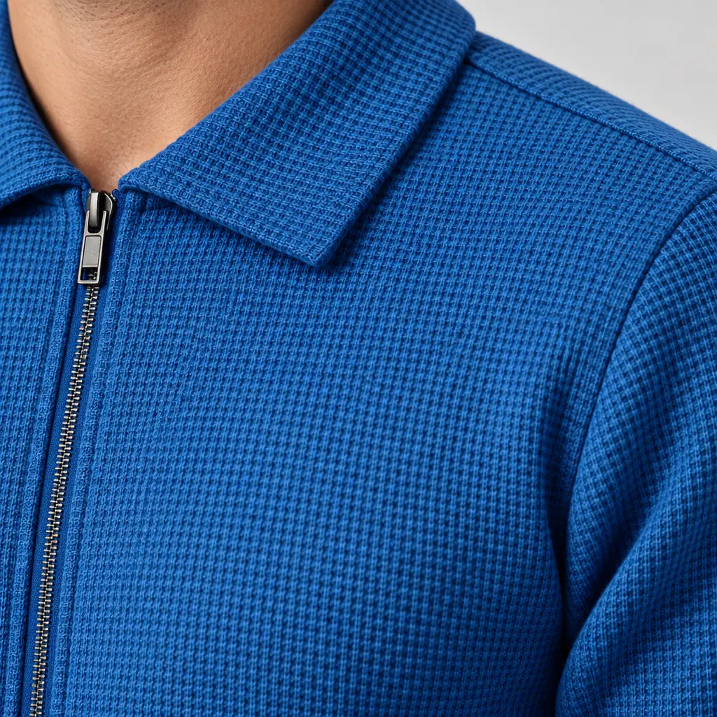 Men's Waffle Knit Lounge Set - Collared Full-Zip Top & Tapered Joggers - Sapphire Blue